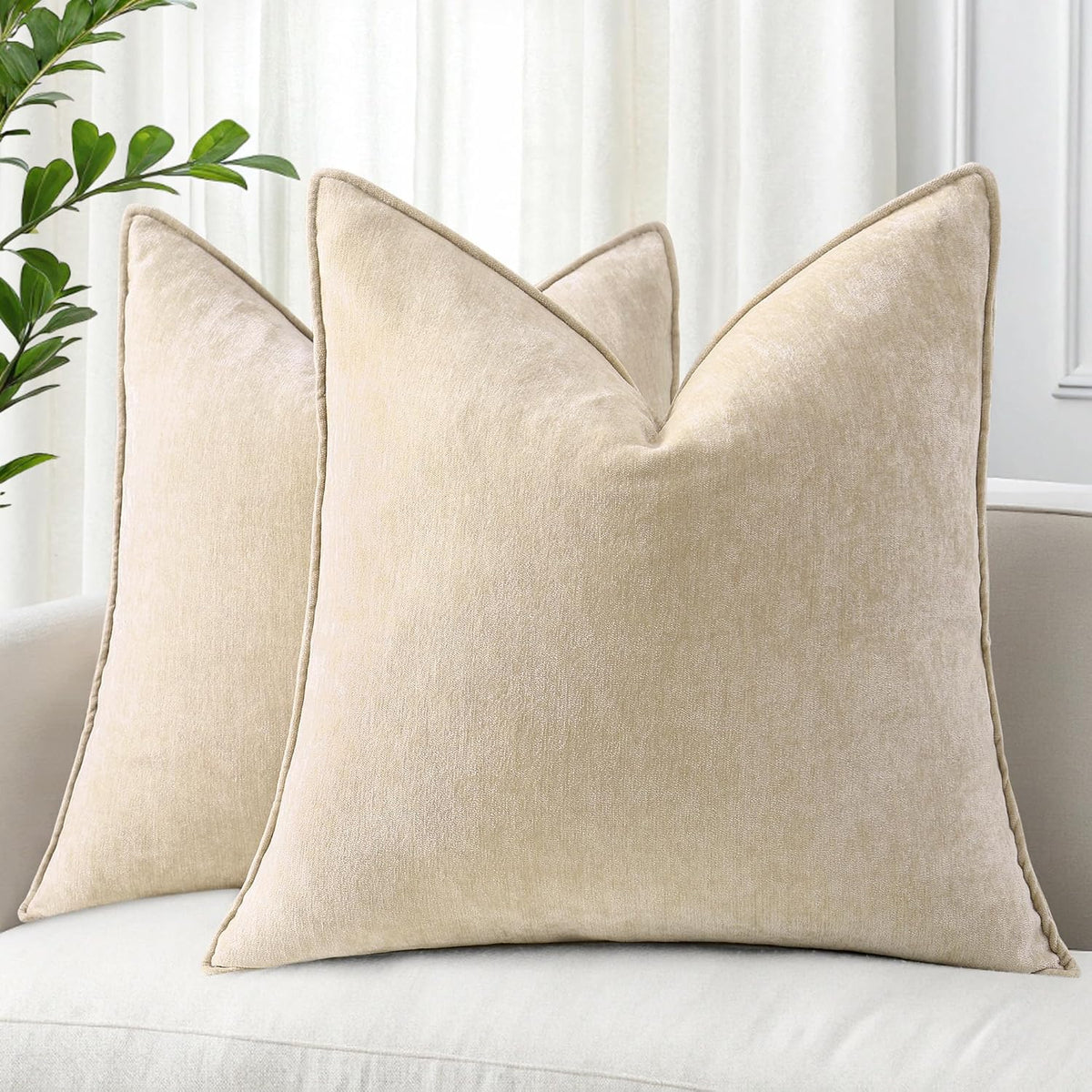 decorUhome Chenille Beige Velvet Throw Pillow Covers 20x20 Set of 2