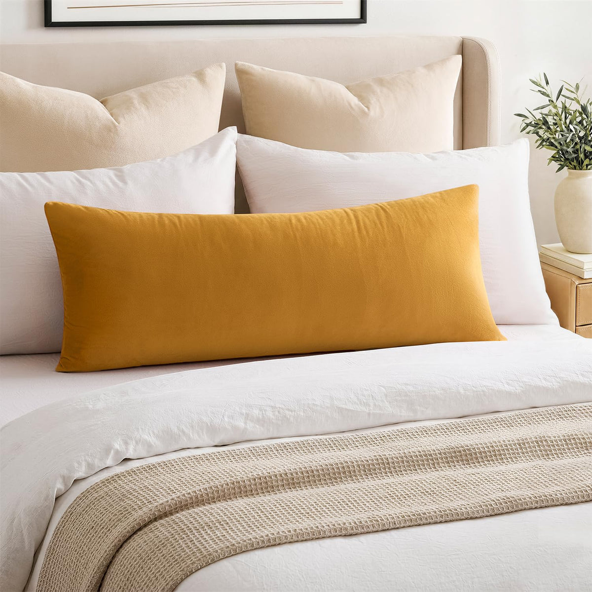 Throw Pillow Covers Mustard Yellow Set of 2 18x18 Inch Fall Pillow Covers, Soft Velvet Farmhouse Neutral Decorative Pillowcases for Couch Sofa Bed, Home Boho Decor, Modern Cushion Covers