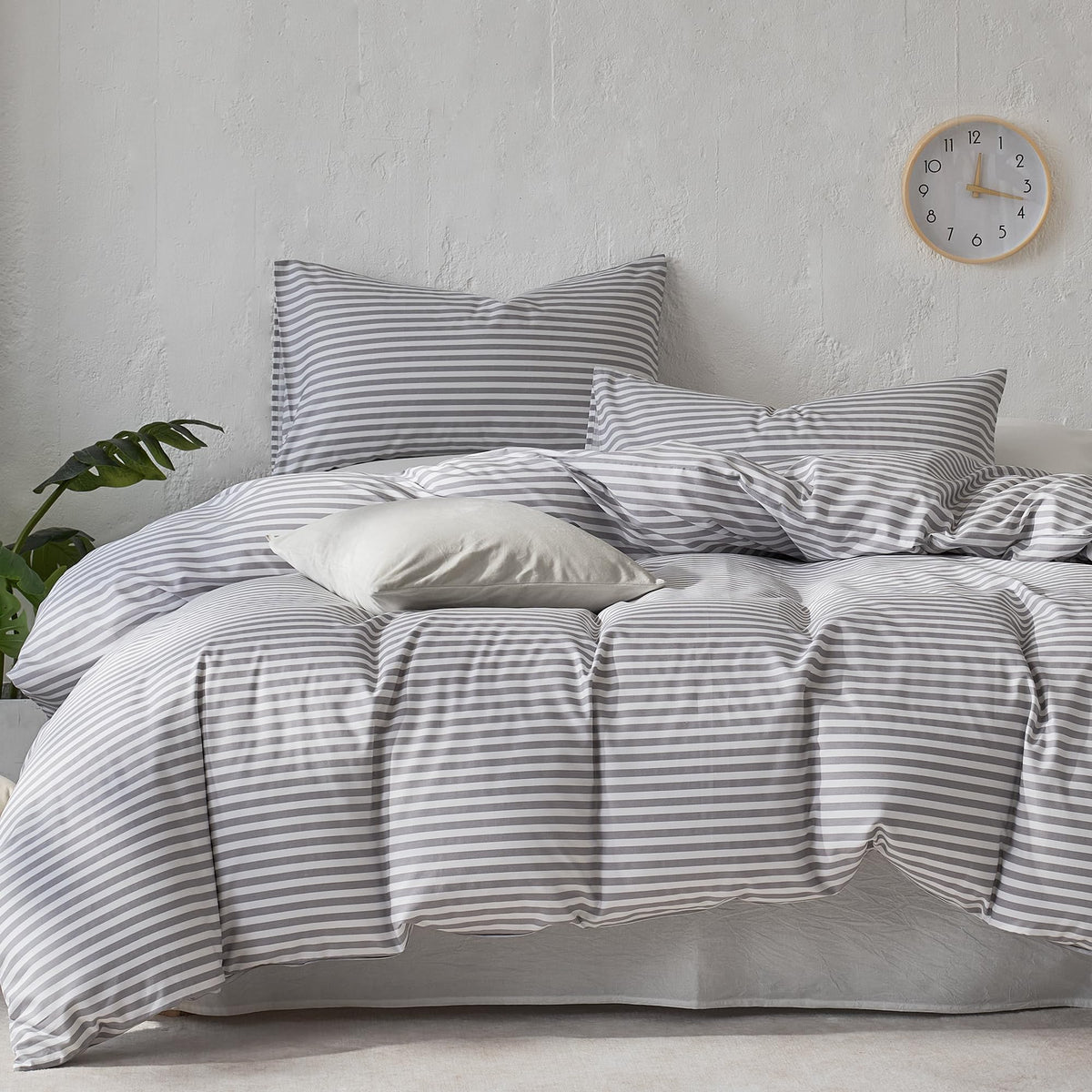 JELLYMONI 100% Cotton Classic Striped Queen Duvet Cover Set, Tan/White