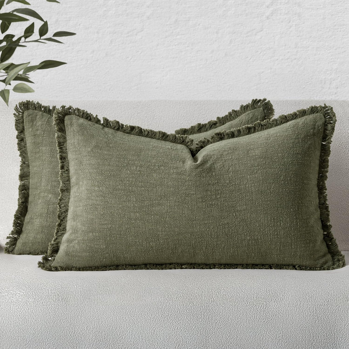 MIULEE Boho Linen Fringe Decorative Throw Pillow Covers Olive Green 20x20
