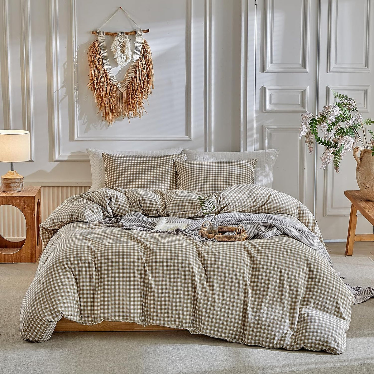 DuShow Grid King Duvet Cover Set - Tan Gingham Washed Microfiber Comforter Cover Set, 3 Pieces Plaid Checkered Soft Reversible Bedding Set(Tan,King)
