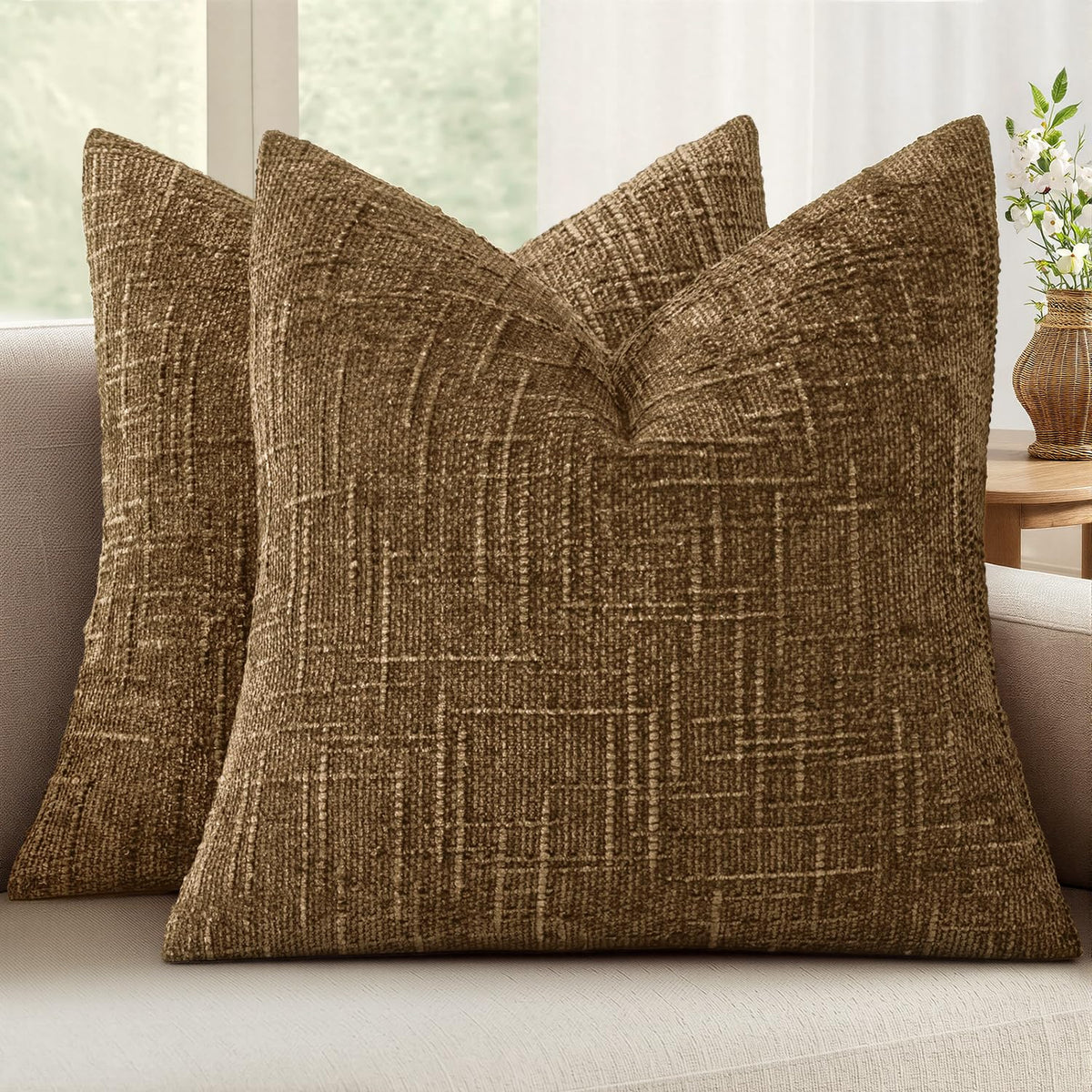 MIULEE Chenille Textured Throw Pillow Covers Cream White 20x20 Set of 2