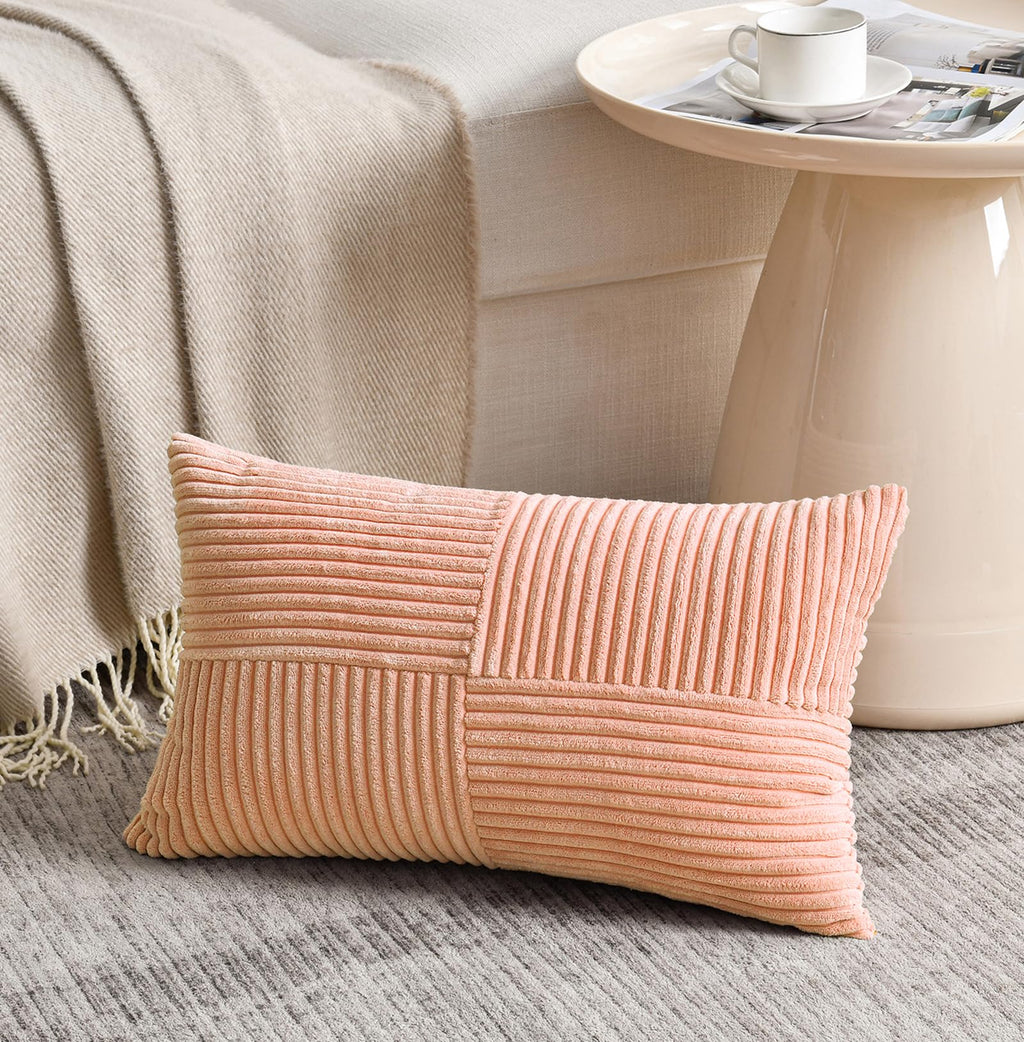 Fancy Homi Blush Pink Lumbar Decorative Throw Pillow Covers 12x20 Inch for Living Room Couch Bed, Rustic Farmhouse Boho Home Decor, Soft Striped Corduroy Rectangle Accent Cushion Case 30x50 cm