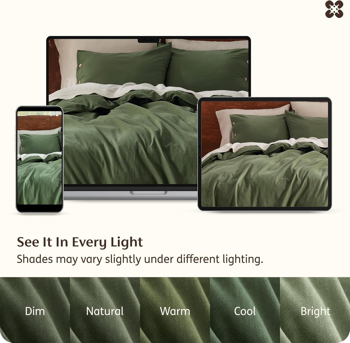 Bedsure PureWoven Linen Duvet Cover Queen, Linen Cotton Blend, Olive Green