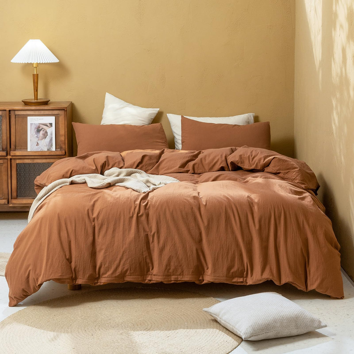 FOSSA Duvet Cover Set 100% Washed Cotton Linen Feel Queen
