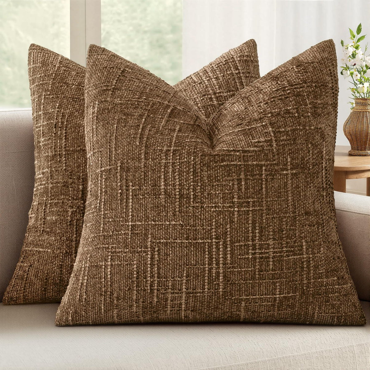 MIULEE Chenille Textured Throw Pillow Covers Cream White 20x20 Set of 2