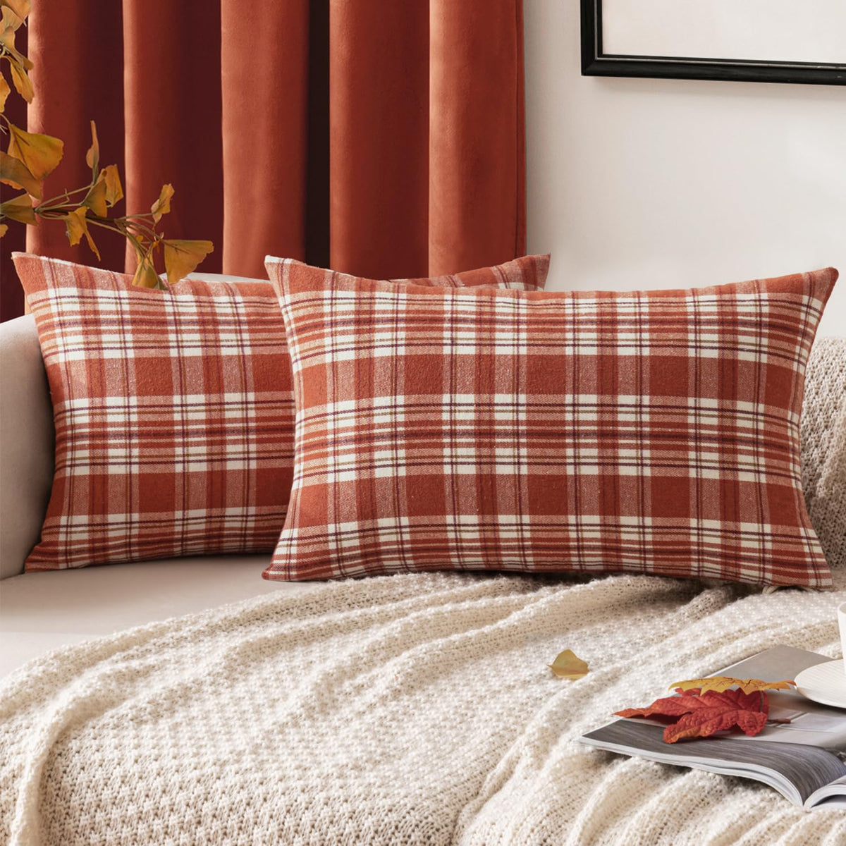 MIULEE Fall Plaid Pillow Covers Scottish Tartan 18x18 Terracotta Brown
