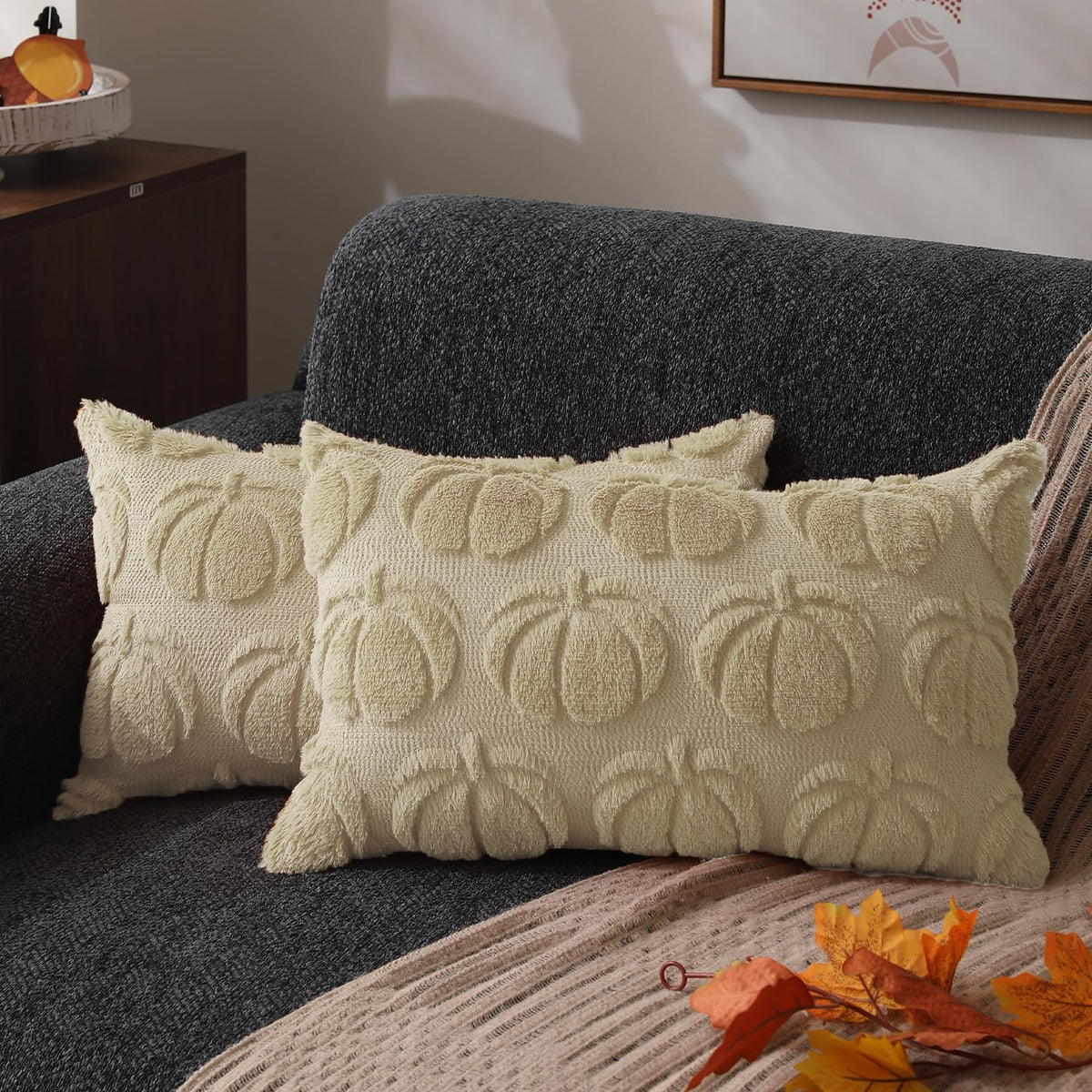 DFXSZ Fall Pillow Covers 18x18 2Pcs Beige Pumpkin Fall Decorations for Home
