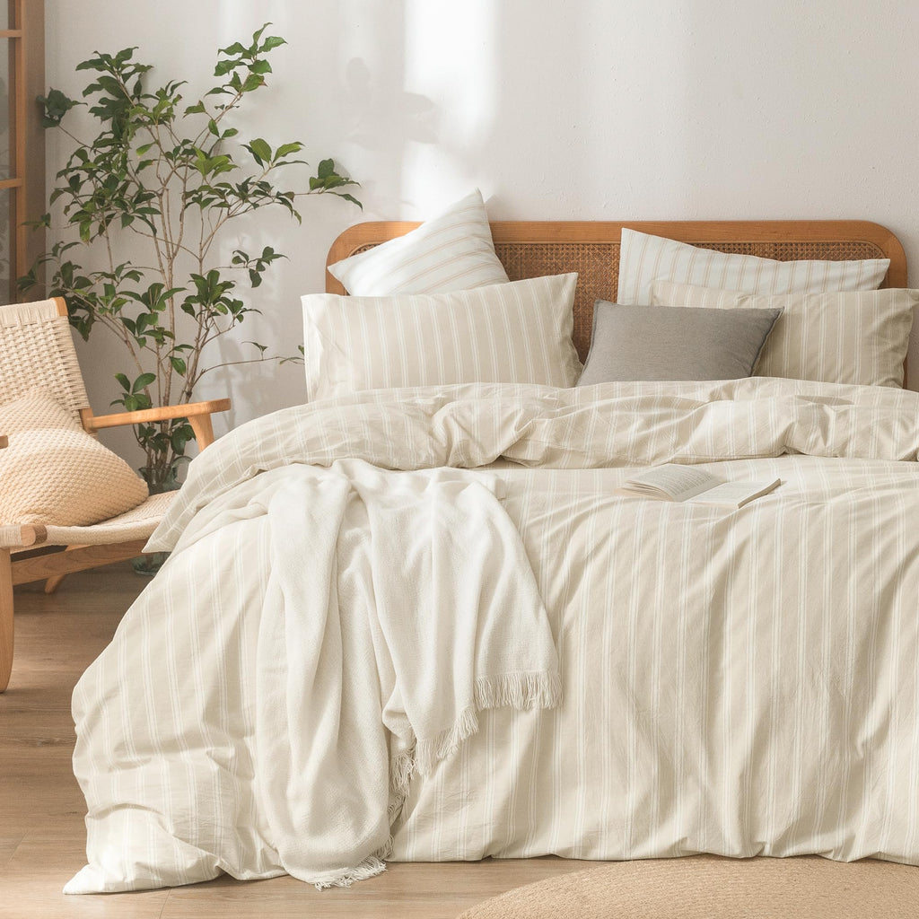 BESTOUCH Cotton Solid Duvet Cover Set Linen Feel Off White Queen