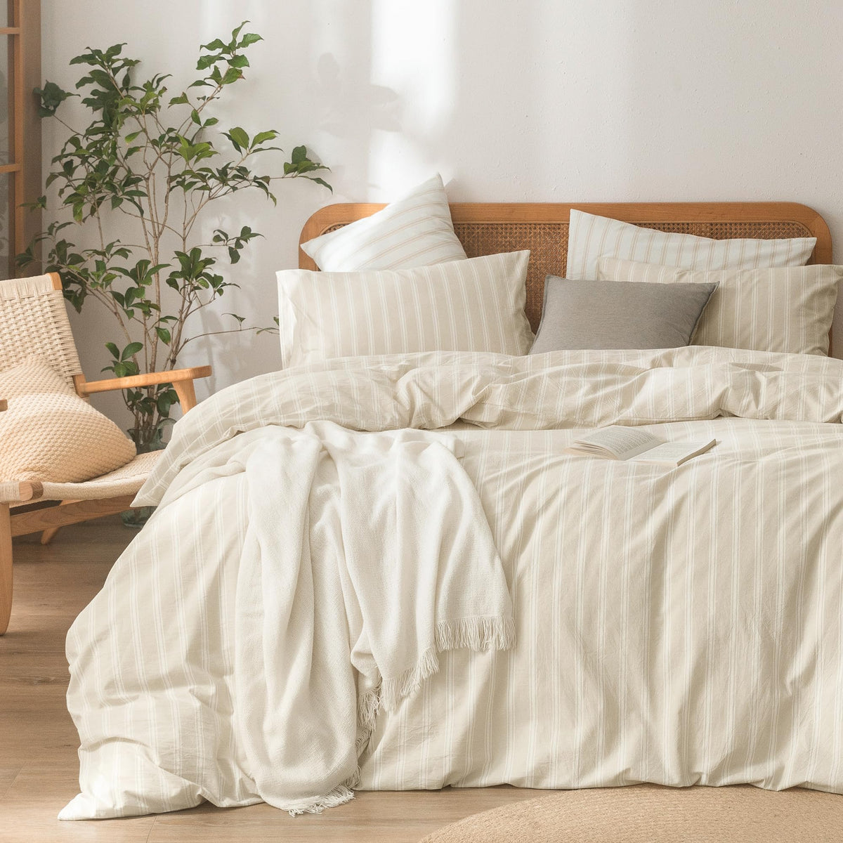 BESTOUCH Cotton Solid Duvet Cover Set Linen Feel Off White Queen