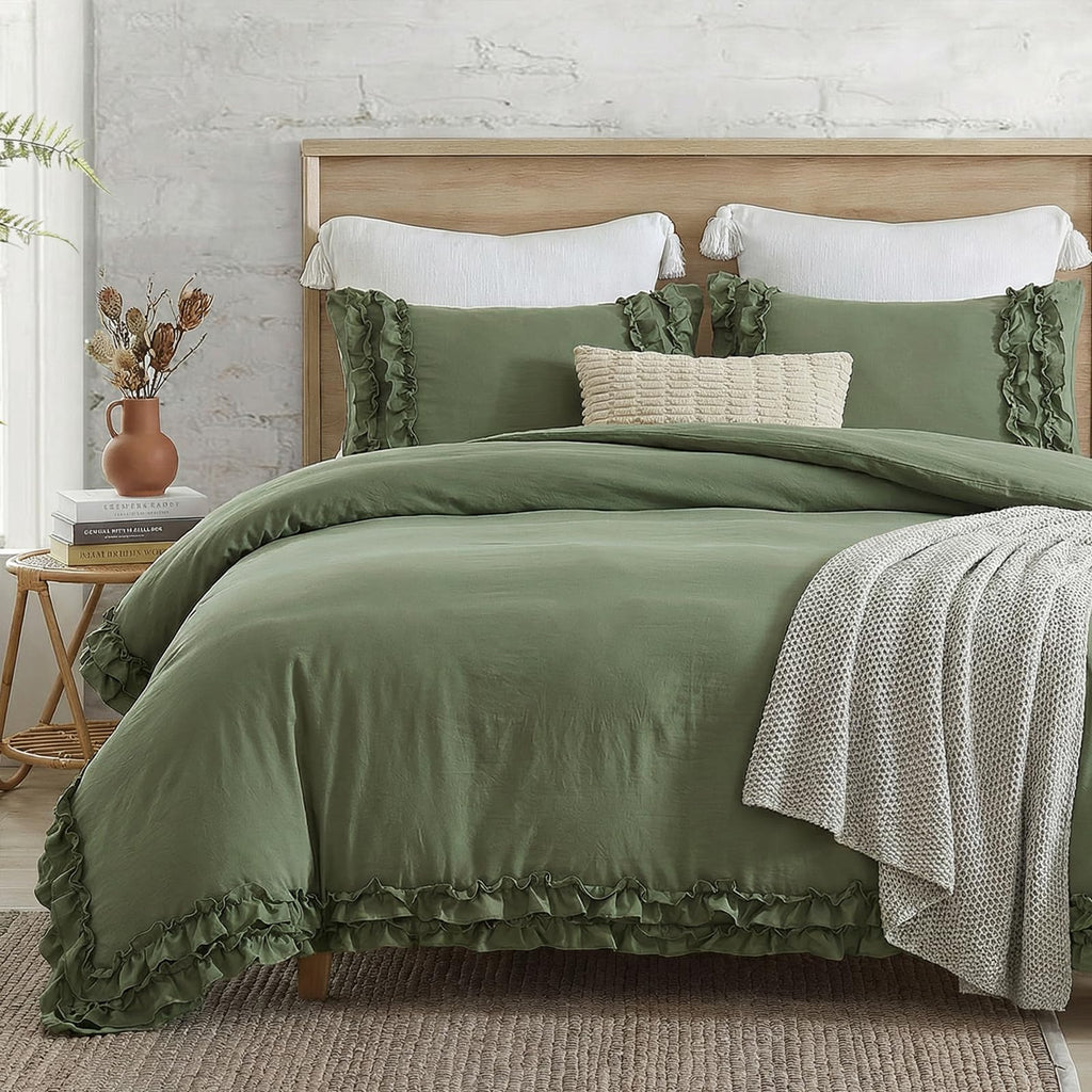 Bedorm Beige Duvet Cover Set Queen Ruffle Bedding Set Pleat Ruffled Shabby Chic Comforter Cover Extra Soft & Easy Care White Boho Duvet Cover with Zipper Closure