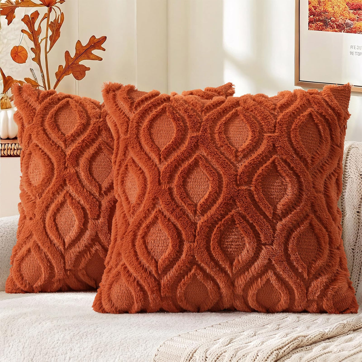 decorUhome Faux Fur Plush Soft Rust Throw Pillow Covers 18x18 Set of 2