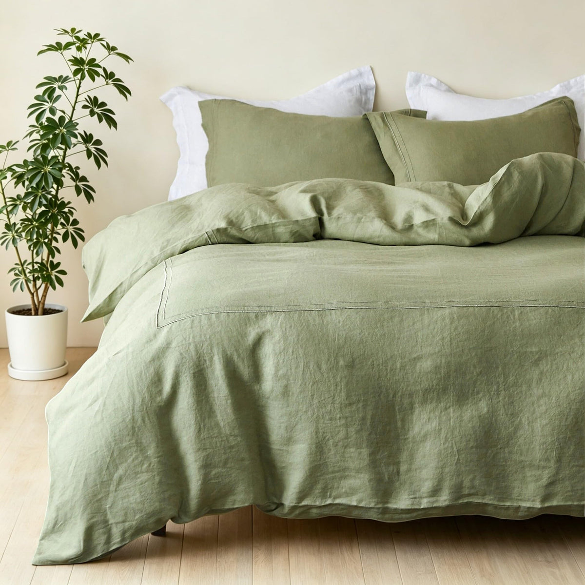 Simple&Opulence 100% French Linen Duvet Cover Set with Embroidered,3 Pcs Washed Soft Farmhouse Bedding Set with Button Closure,1 Comforter Cover and 2 Pillowshams(King,Natural Linen)