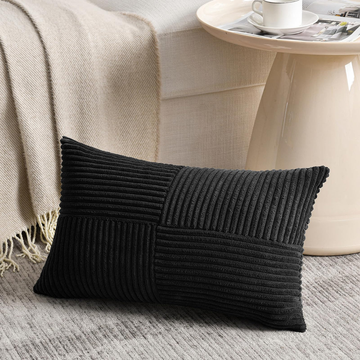 Fancy Homi Blush Pink Lumbar Decorative Throw Pillow Covers 12x20 Inch for Living Room Couch Bed, Rustic Farmhouse Boho Home Decor, Soft Striped Corduroy Rectangle Accent Cushion Case 30x50 cm
