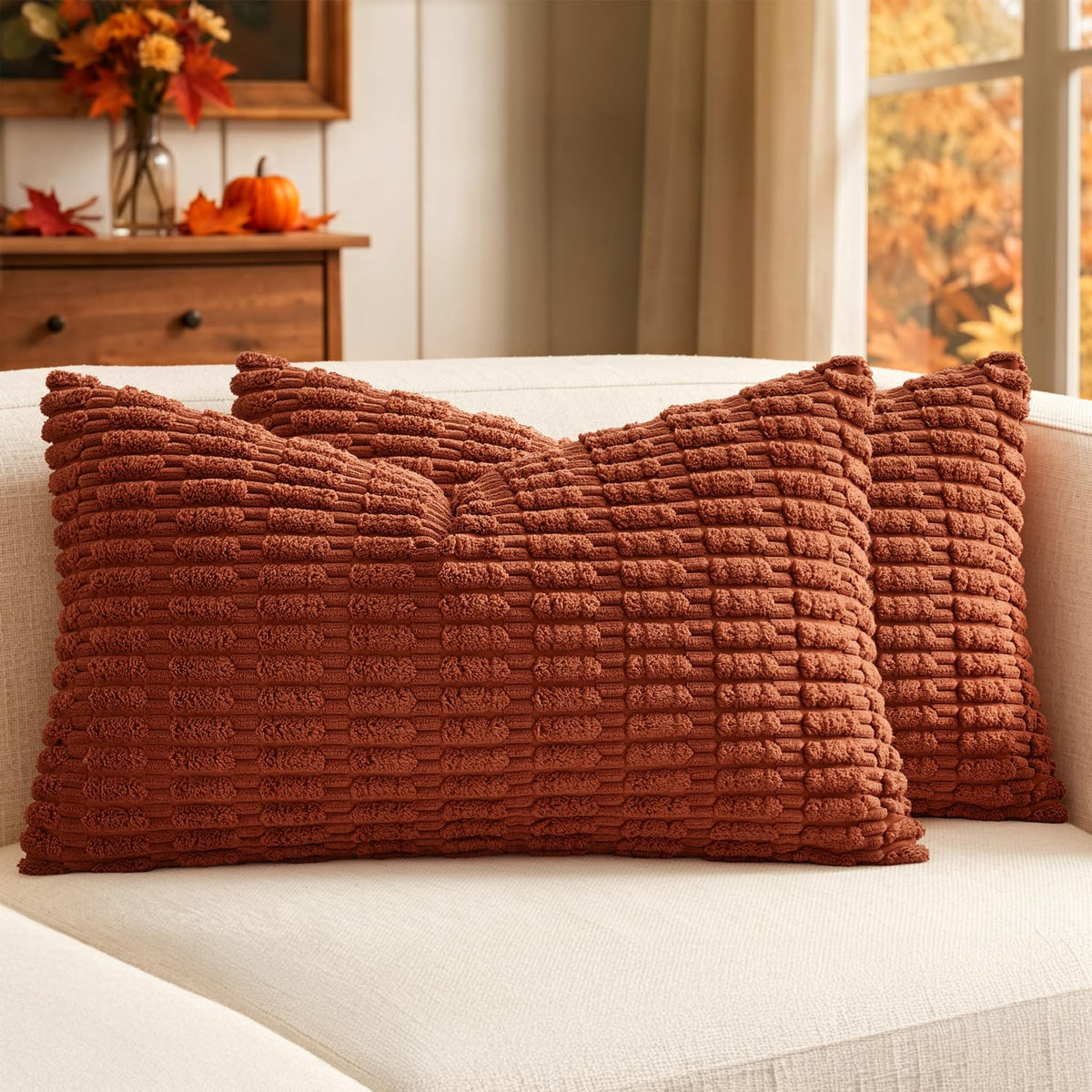 MIULEE Corduroy Decorative Throw Pillow Covers 20x20 Cream White Pack of 2