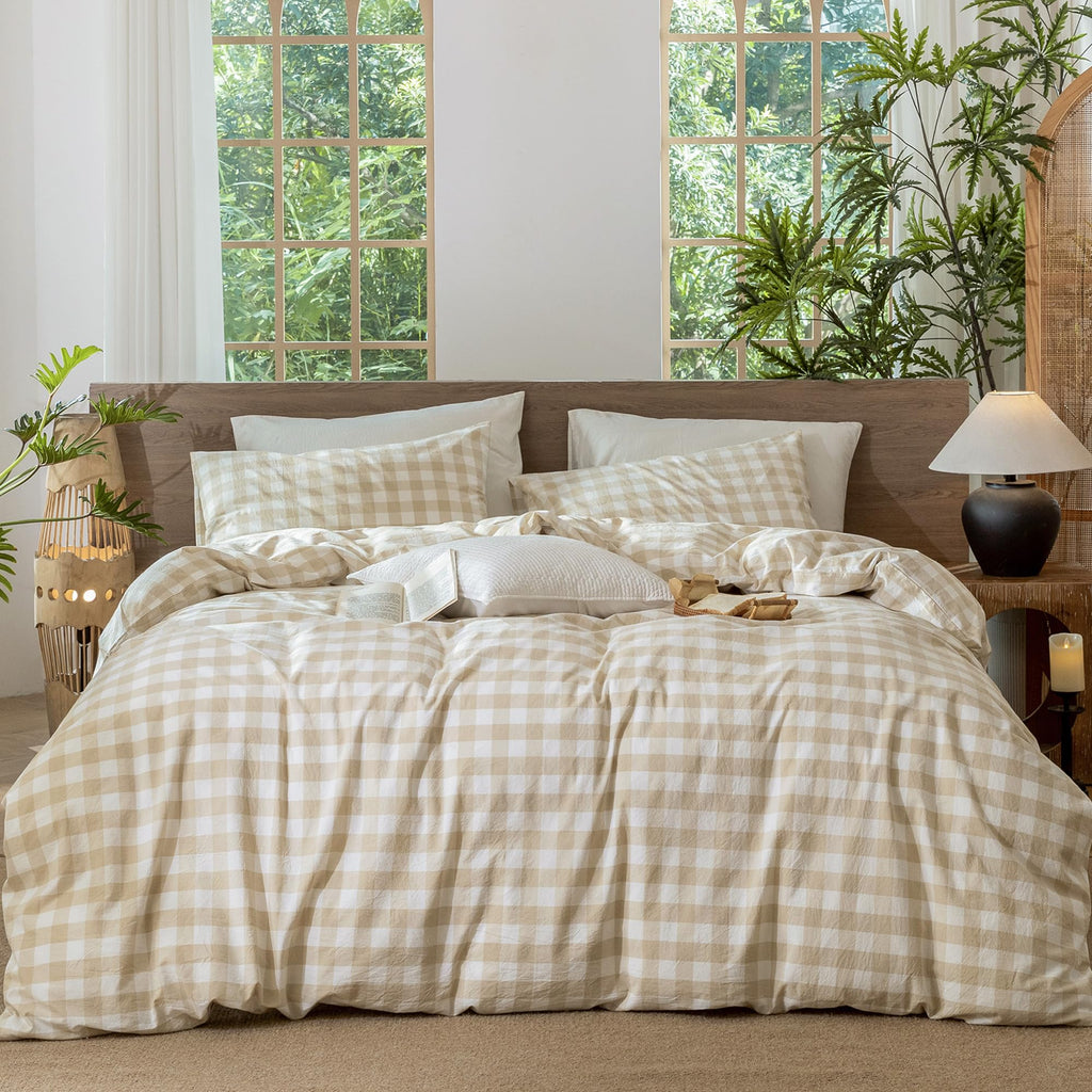 MooMee Gingham Duvet Cover Set 100% Washed Cotton Linen Like King