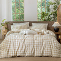 MooMee Gingham Duvet Cover Set 100% Washed Cotton Linen Like King