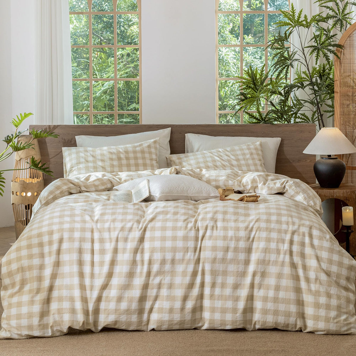 MooMee Gingham Duvet Cover Set 100% Washed Cotton Linen Like King