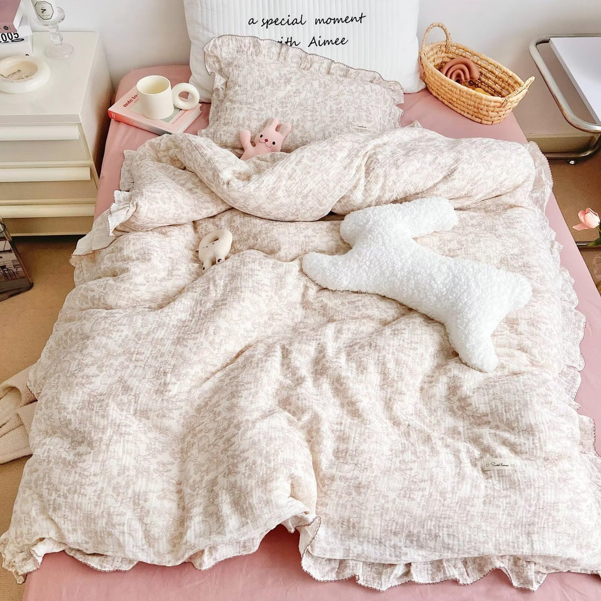 BuLuTu 100% Cotton Muslin Duvet Cover Twin for Kids Girls Boys, Shabby Chic Azalea Floral Duvet Covers Vintage Farmhouse Comforter/Quilt Cover with Ruffles, 68"x86", Zipper Closure, No Pillow