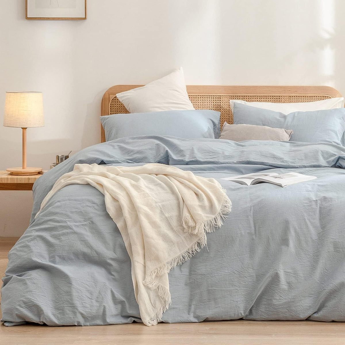 BESTOUCH Cotton Solid Duvet Cover Set Linen Feel Off White Queen