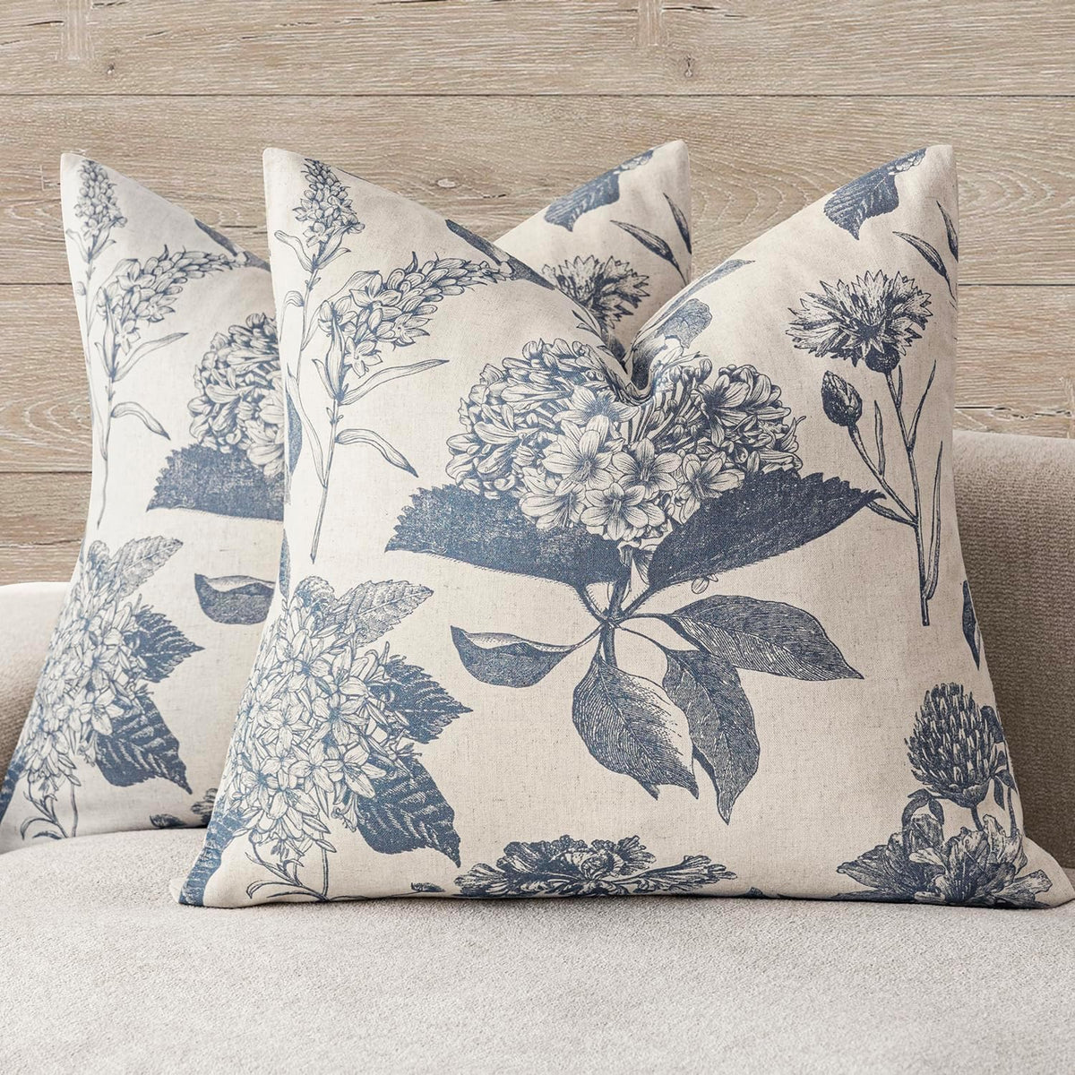 Foindtower Decorative Linen Floral Throw Pillow Covers 18×18 Inch,Blue