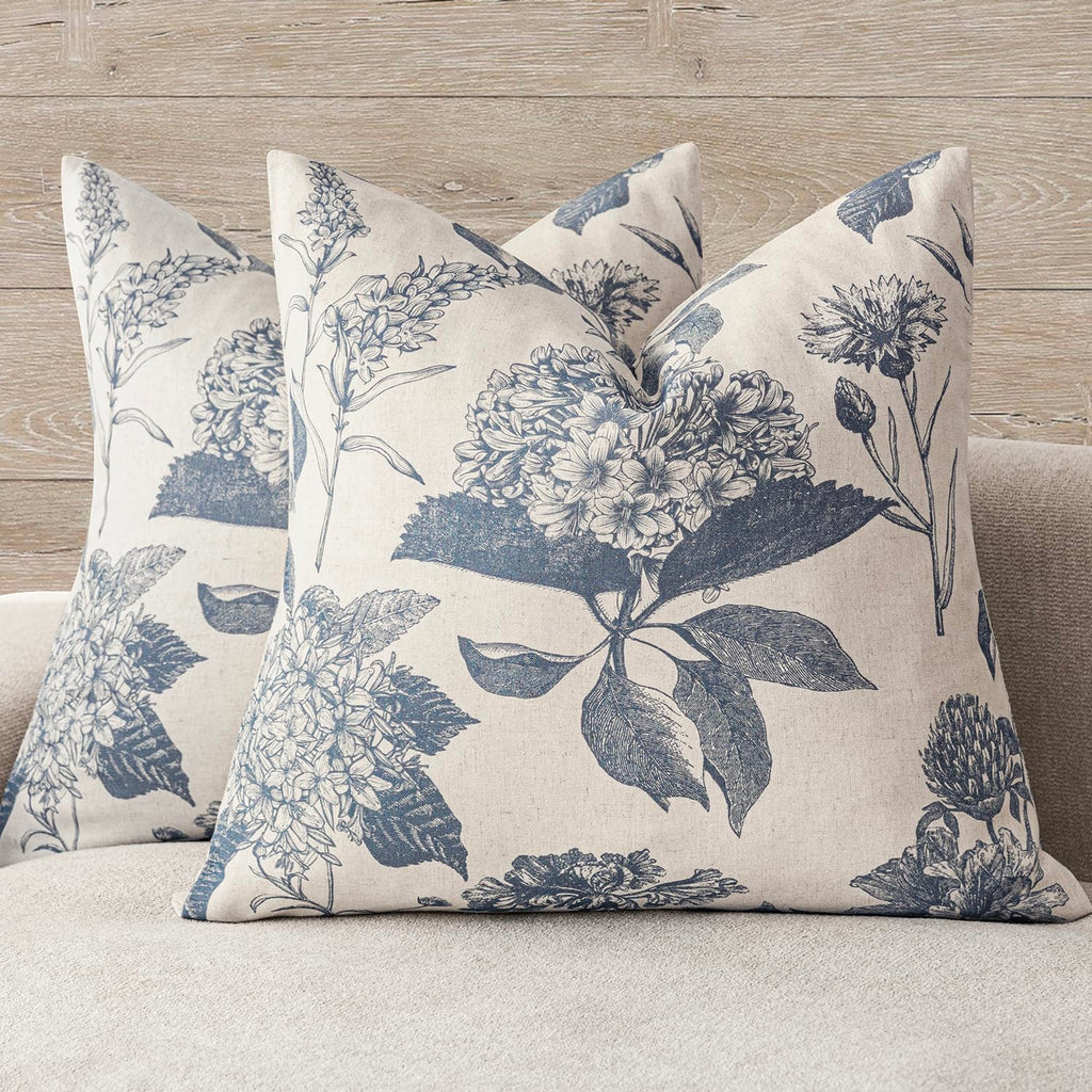 Foindtower Decorative Linen Floral Throw Pillow Covers 18×18 Inch,Blue