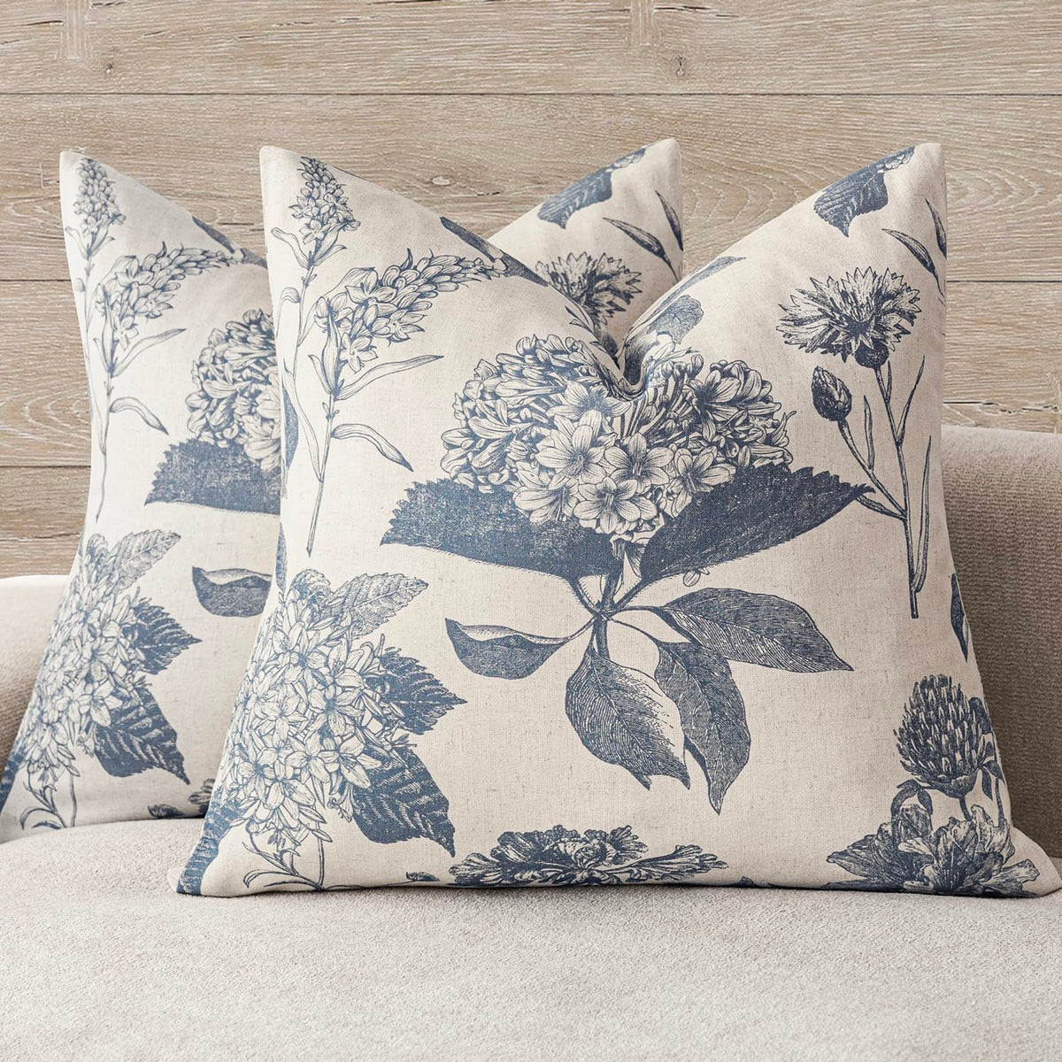 Foindtower Decorative Linen Floral Throw Pillow Covers 18×18 Inch,Blue