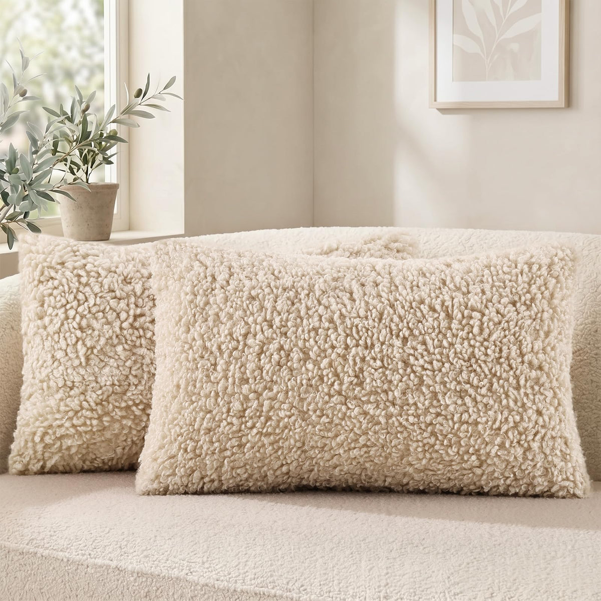 decorUhome Sherpa Throw Pillow Covers 18x18 Set of 2 Neutral Cream