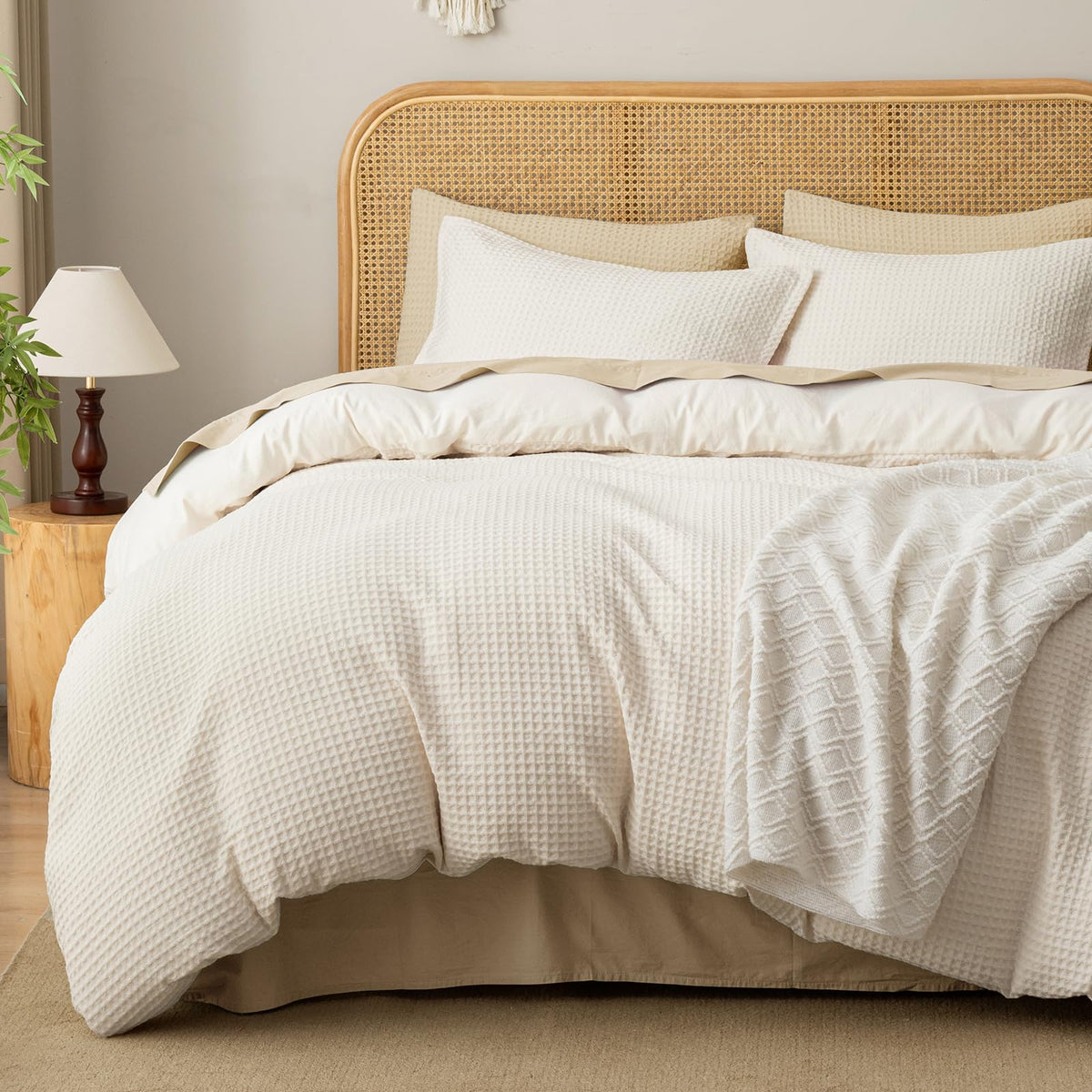 David's Home Soft Textured Waffle Weave Duvet Cover Set, King Size, Natural