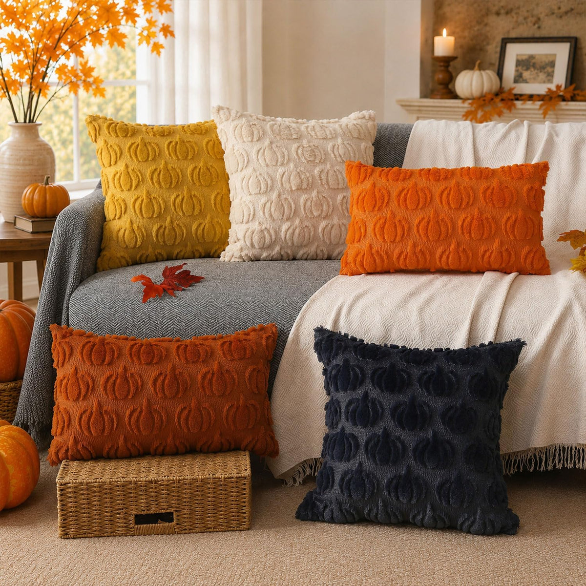 DFXSZ Fall Pillow Covers 18x18 2Pcs Beige Pumpkin Fall Decorations for Home