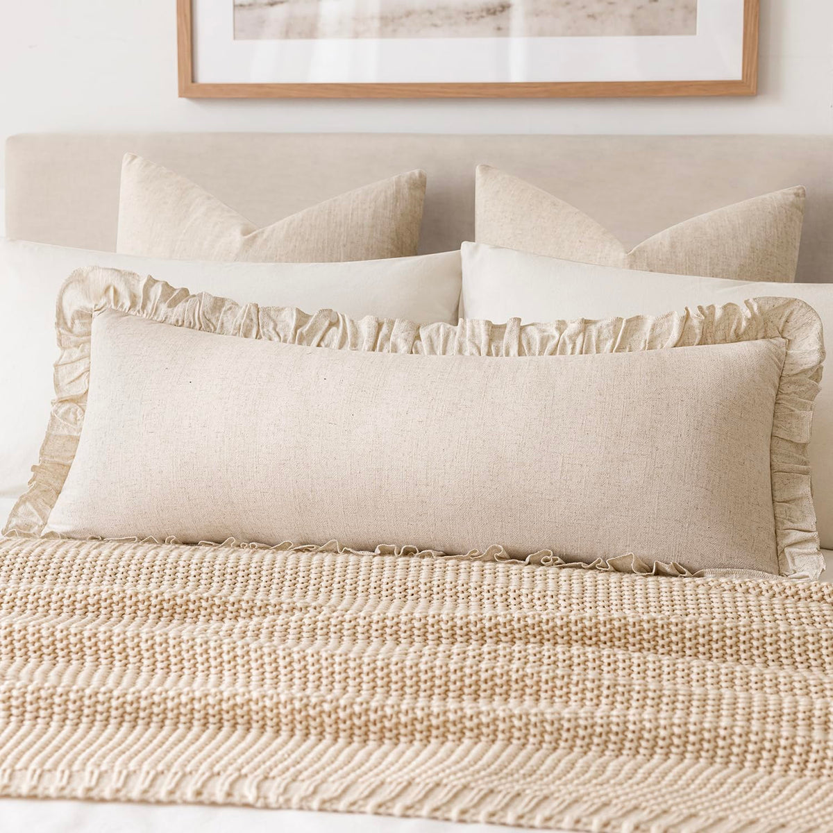 Foindtower Set of 2 Decorative Soild Fringe Ruffle Throw Pillow Covers Soft Boho Farmhouse Cushion Cover Cozy Accent Retro Pillowcase for Couch Sofa Bed Living Room Home Decor,18×18 Inch,Natural Beige