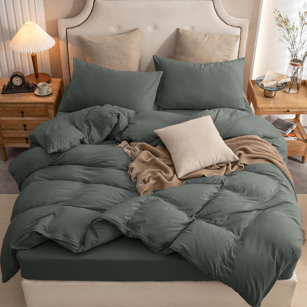PURE ERA Jersey Knit Duvet Cover Set 100% T-Shirt Cotton Super Soft Comfy 3pc Bedding Set with Zipper Closure (Heather Beige, Queen)