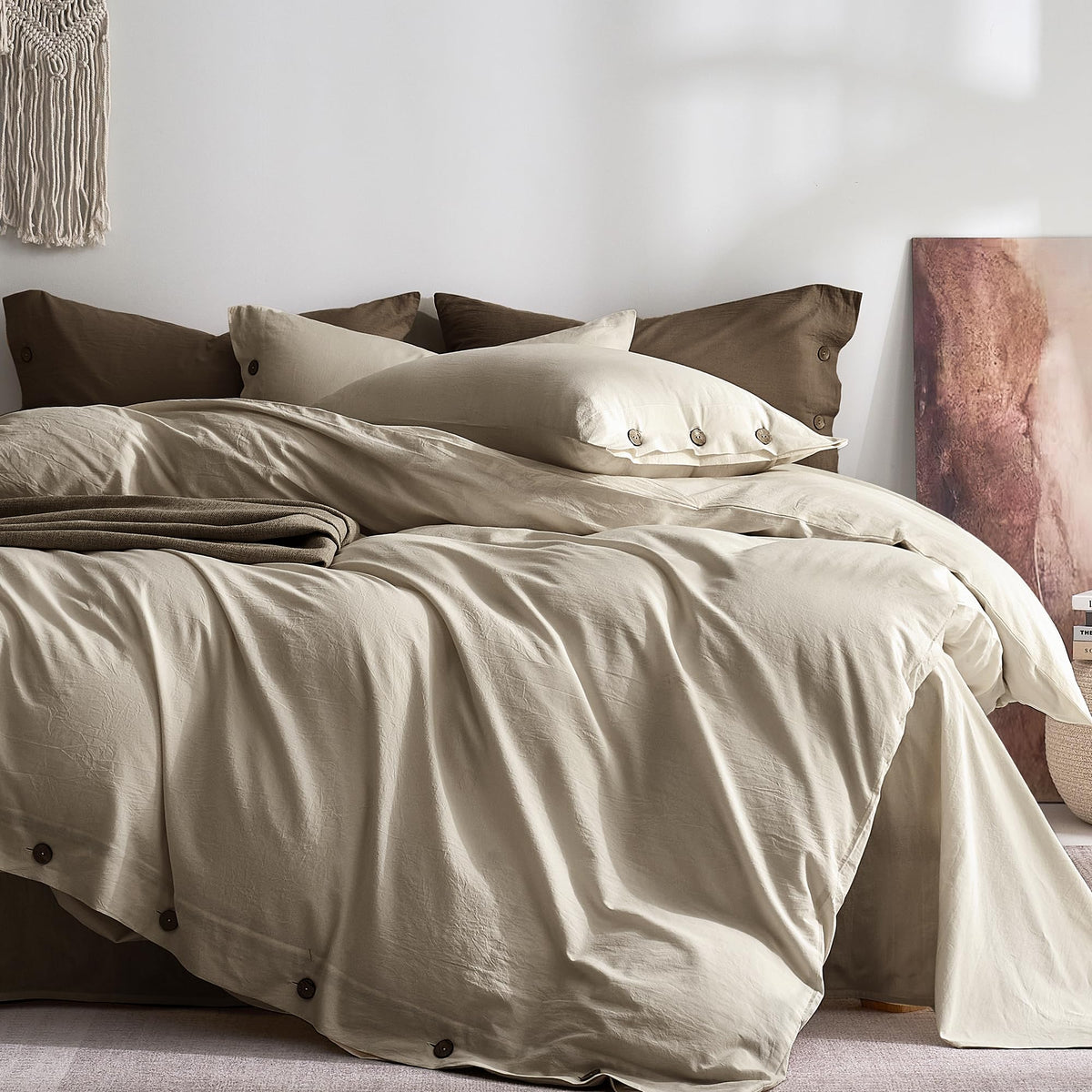 JELLYMONI 100% Washed Cotton Striped Duvet Cover Set King, Linen-Like