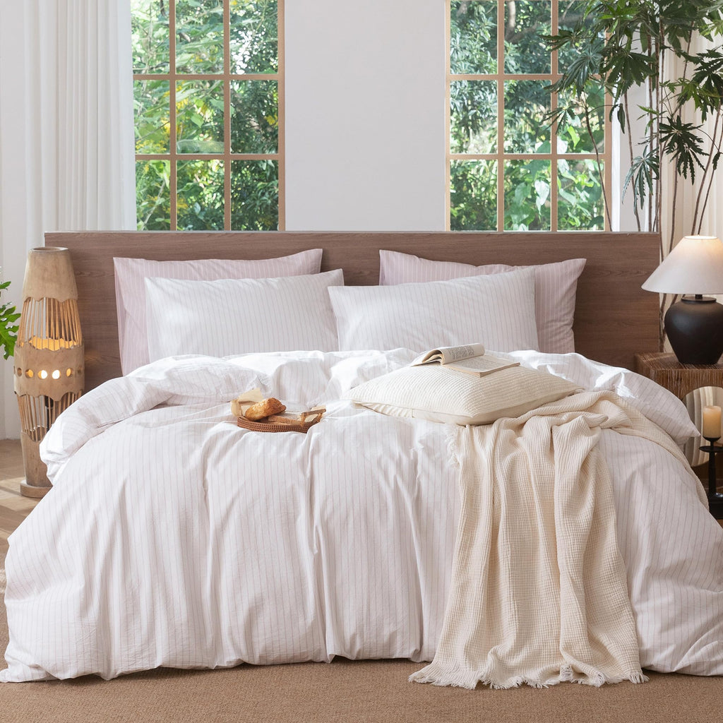 MooMee Striped Duvet Cover Set 100% Washed Cotton Linen Like Queen