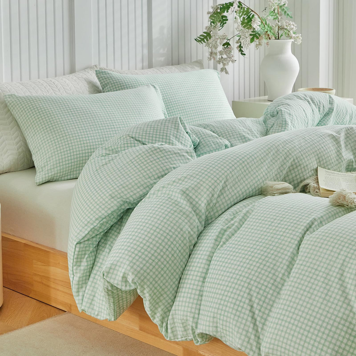 DuShow Grid King Duvet Cover Set - Tan Gingham Washed Microfiber Comforter Cover Set, 3 Pieces Plaid Checkered Soft Reversible Bedding Set(Tan,King)