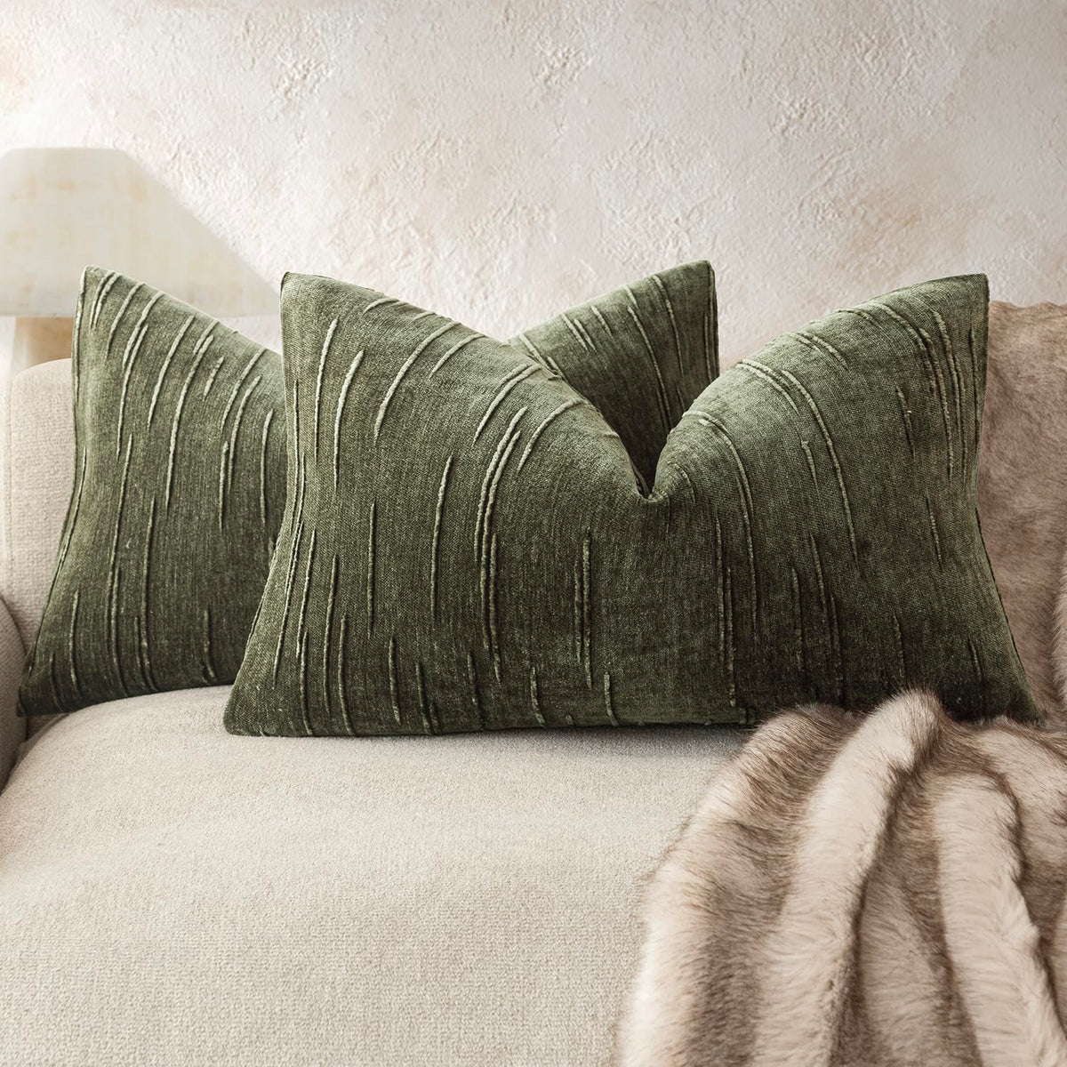 Foindtower Pack of 2 Slubby Textured Chenille Throw Decorative Pillow Covers Square Accent Solid Cushion Cover Soft Farmhouse Pillow Case for Couch Sofa Bedroom Living Room 20x20 Inch,Dark Olive Green