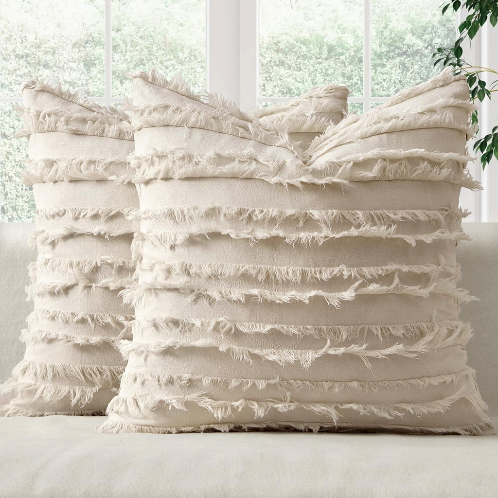 MIULEE Boho Linen Striped Throw Pillow Covers 18x18, Neutral Beige