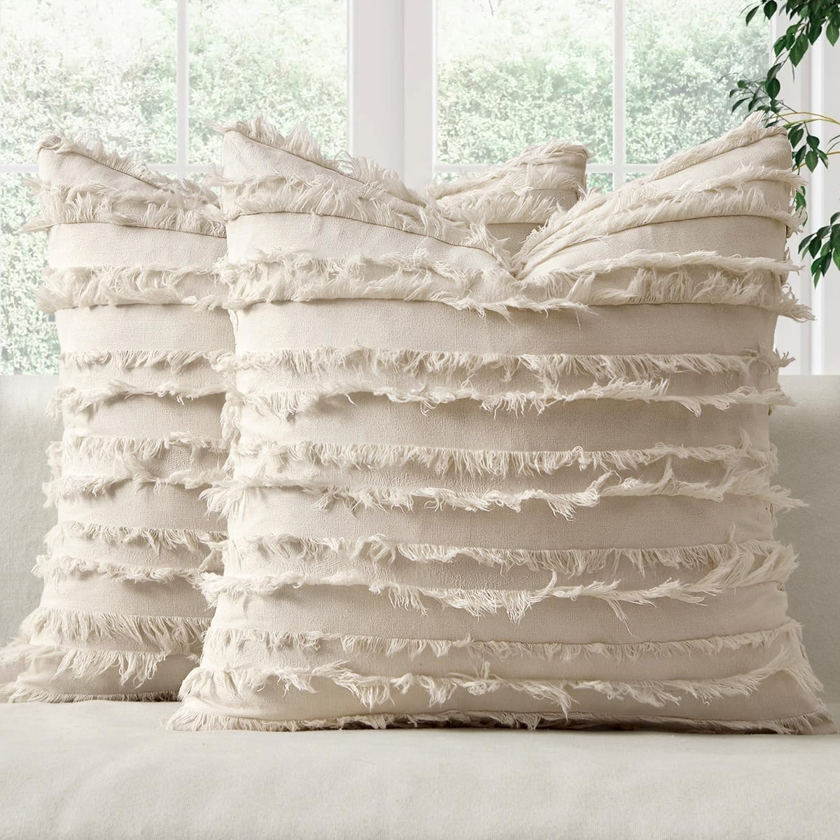 MIULEE Boho Linen Striped Throw Pillow Covers 18x18, Neutral Beige