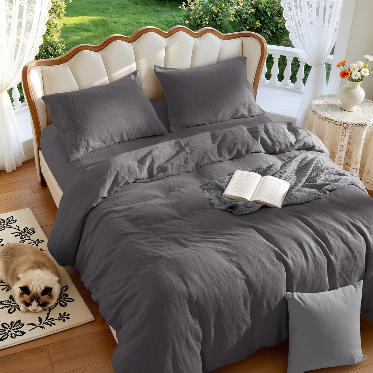 LBRO2M 100% French Linen Duvet Cover Set 3Pcs, Comforter Cover King Size