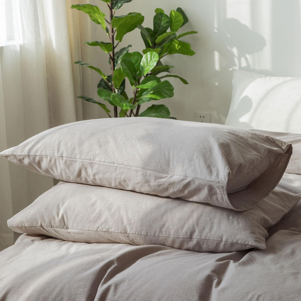 MOOMEE Pillowcase Set of 2 100% Washed Cotton Linen-Like Standard