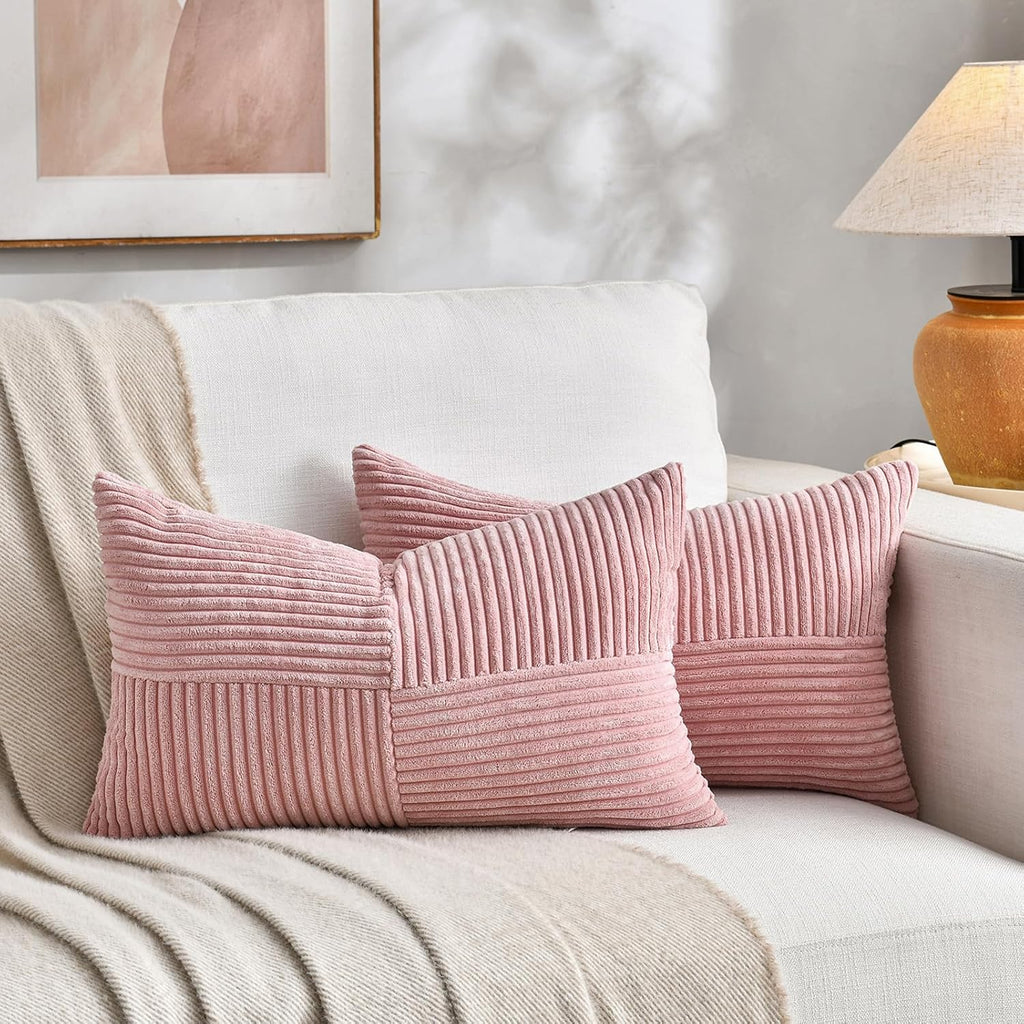 Fancy Homi Blush Pink Lumbar Decorative Throw Pillow Covers 12x20 Inch for Living Room Couch Bed, Rustic Farmhouse Boho Home Decor, Soft Striped Corduroy Rectangle Accent Cushion Case 30x50 cm