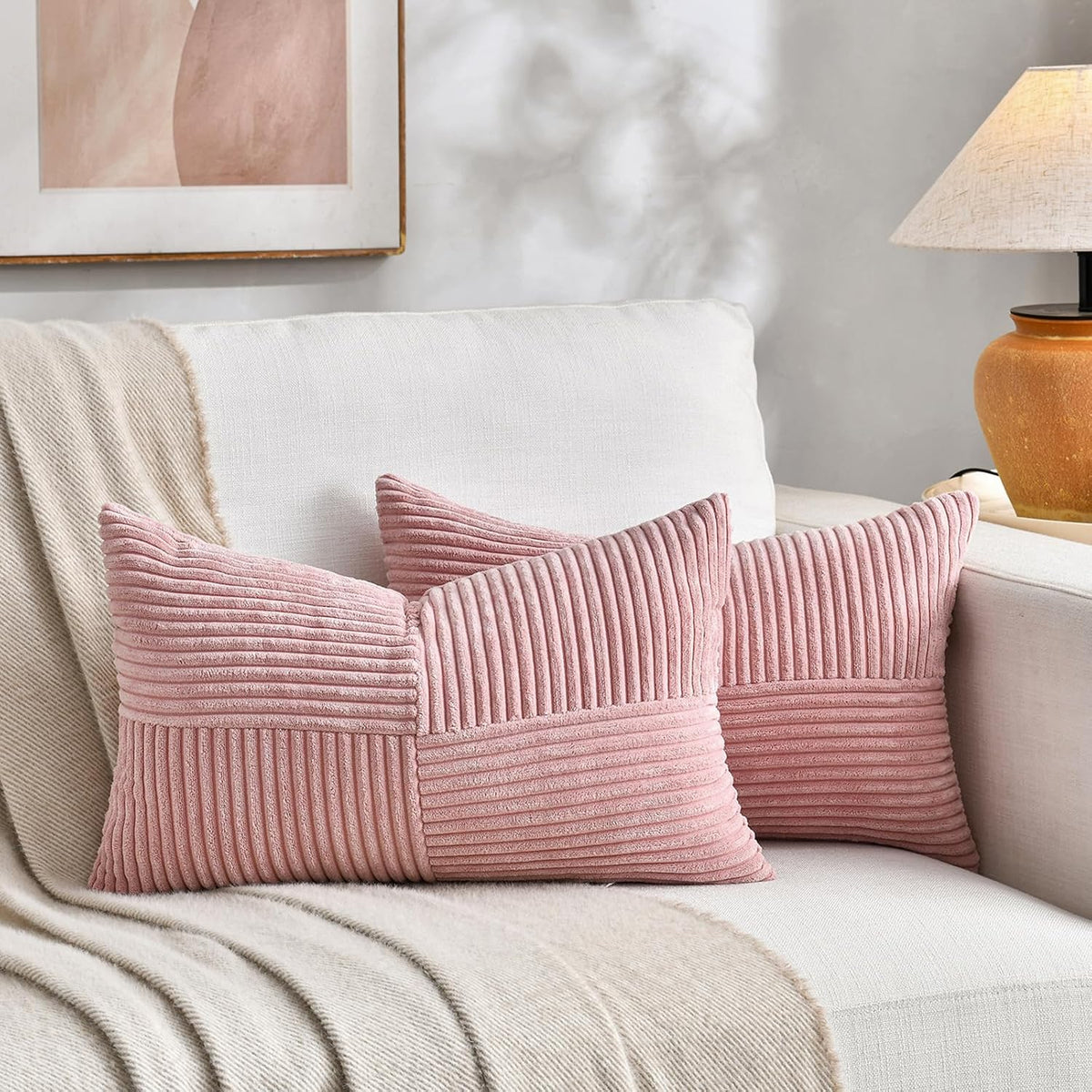Fancy Homi Blush Pink Lumbar Decorative Throw Pillow Covers 12x20 Inch for Living Room Couch Bed, Rustic Farmhouse Boho Home Decor, Soft Striped Corduroy Rectangle Accent Cushion Case 30x50 cm