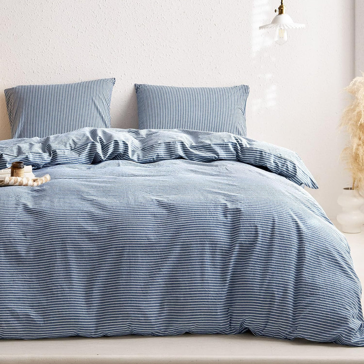 Wake In Cloud Striped Cotton Duvet Cover Set, Denim Blue, Queen