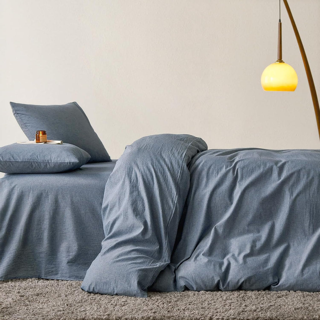 Wake In Cloud - Cotton Duvet Cover Set, 100% Washed Cotton, Linen Like Textured, Breathable Durable Comfy Farmhouse Neutral Bedding Set, 3 Pieces, Denim Blue, Queen Size