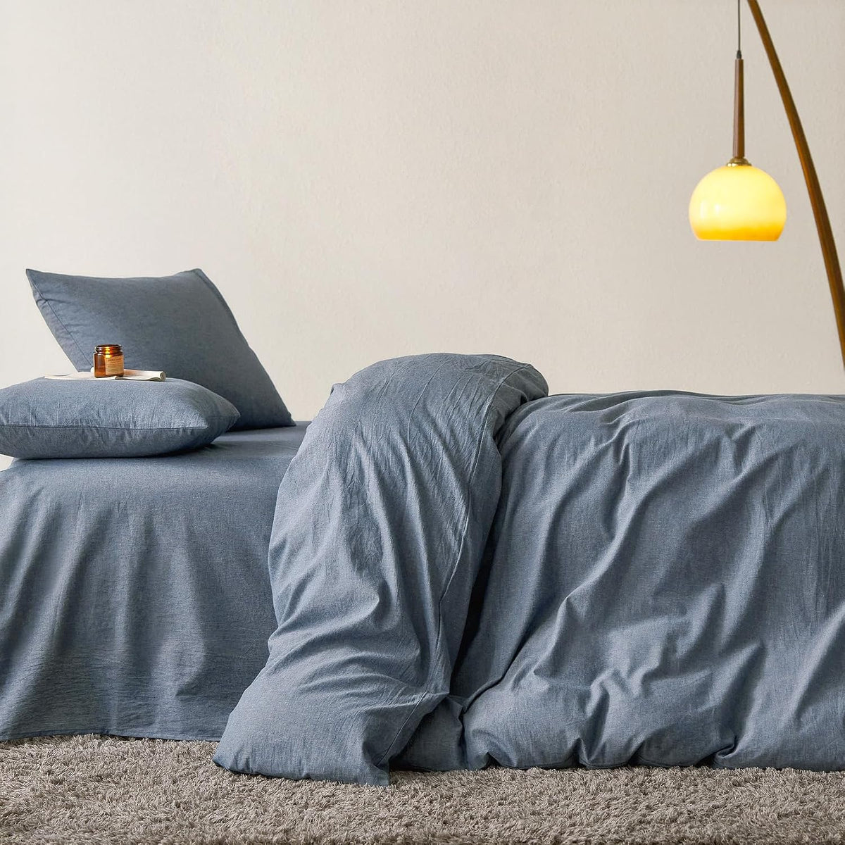 Wake In Cloud - Cotton Duvet Cover Set, 100% Washed Cotton, Linen Like Textured, Breathable Durable Comfy Farmhouse Neutral Bedding Set, 3 Pieces, Denim Blue, Queen Size