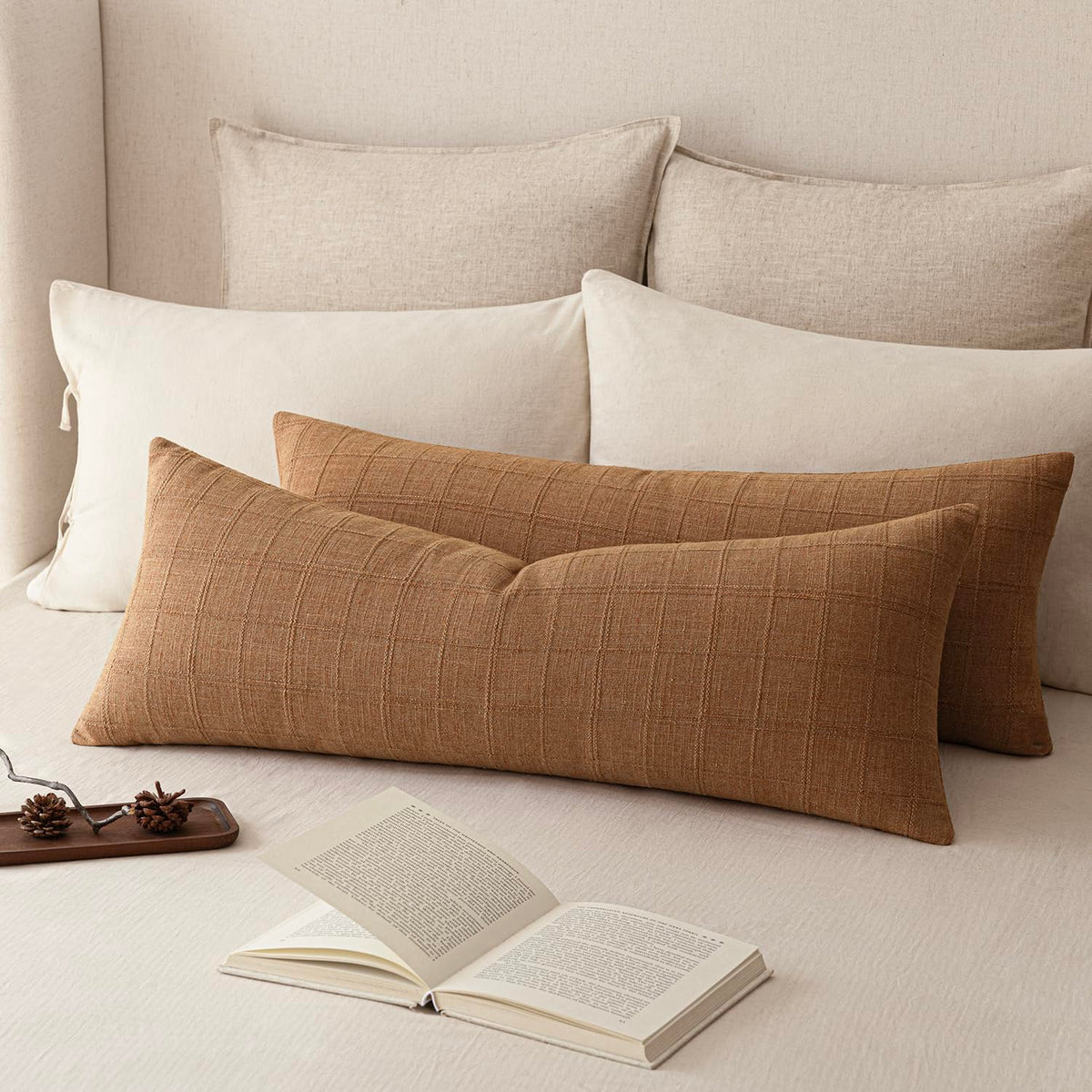 Foindtower Boho Linen Check Decorative Throw Pillow Cover 18×18 Olive Green