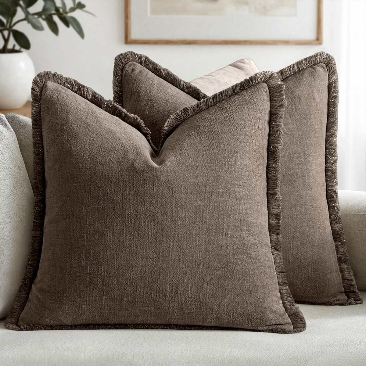 MIULEE Boho Linen Fringe Decorative Throw Pillow Covers Olive Green 20x20