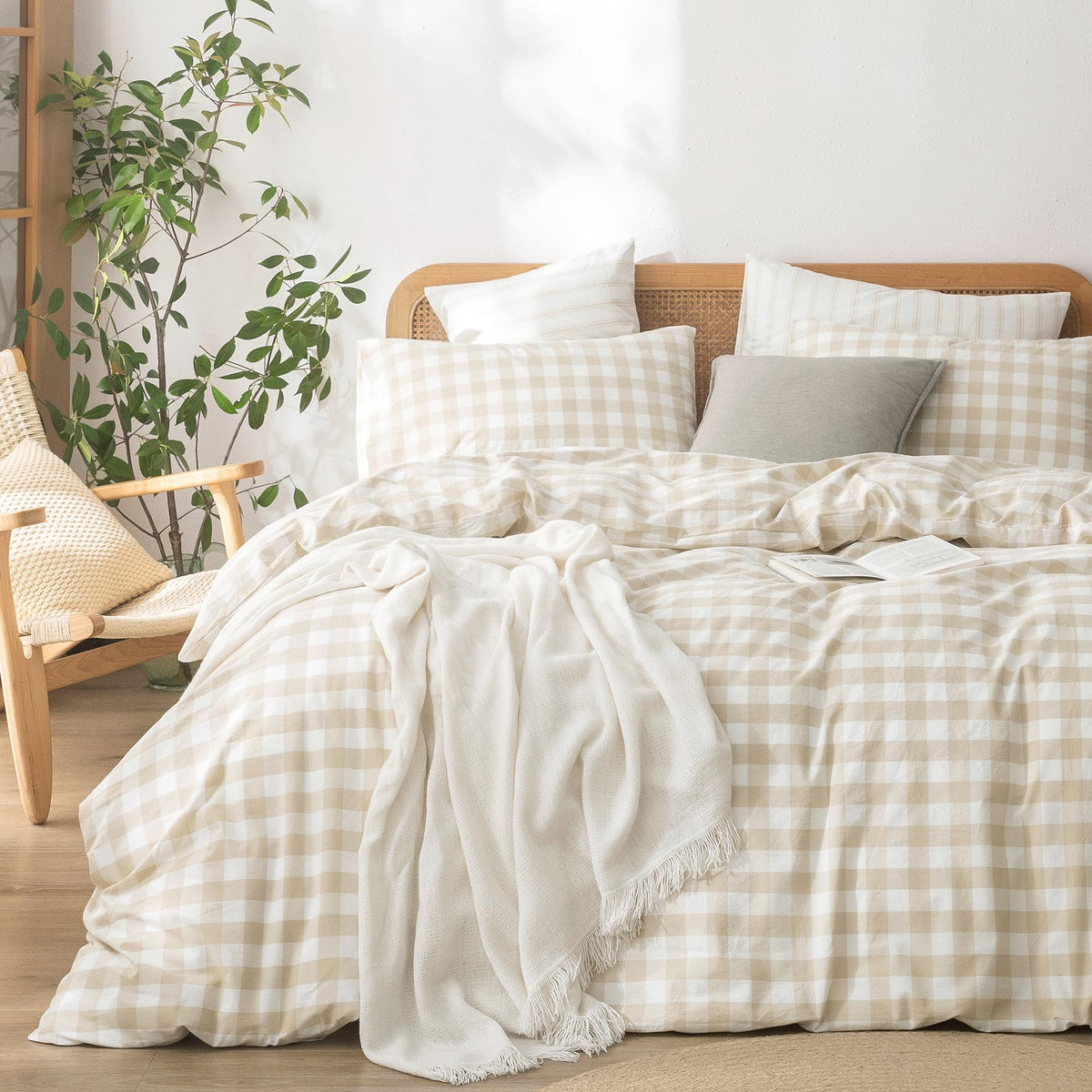 BESTOUCH Cotton Solid Duvet Cover Set Linen Feel Off White Queen