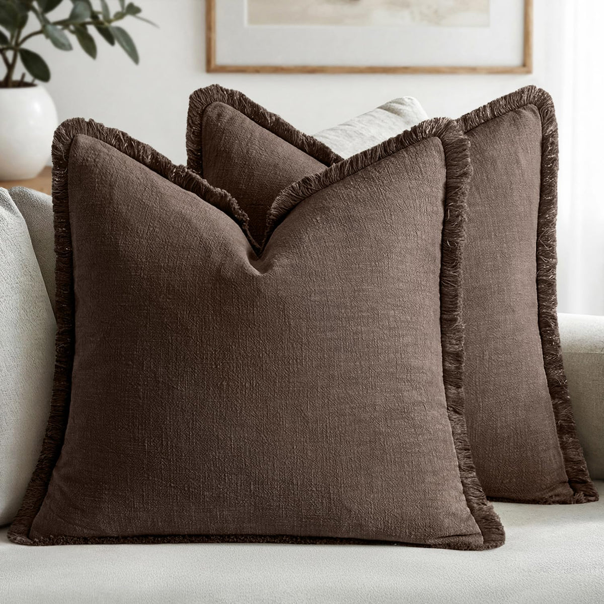MIULEE Boho Linen Fringe Decorative Throw Pillow Covers Olive Green 20x20