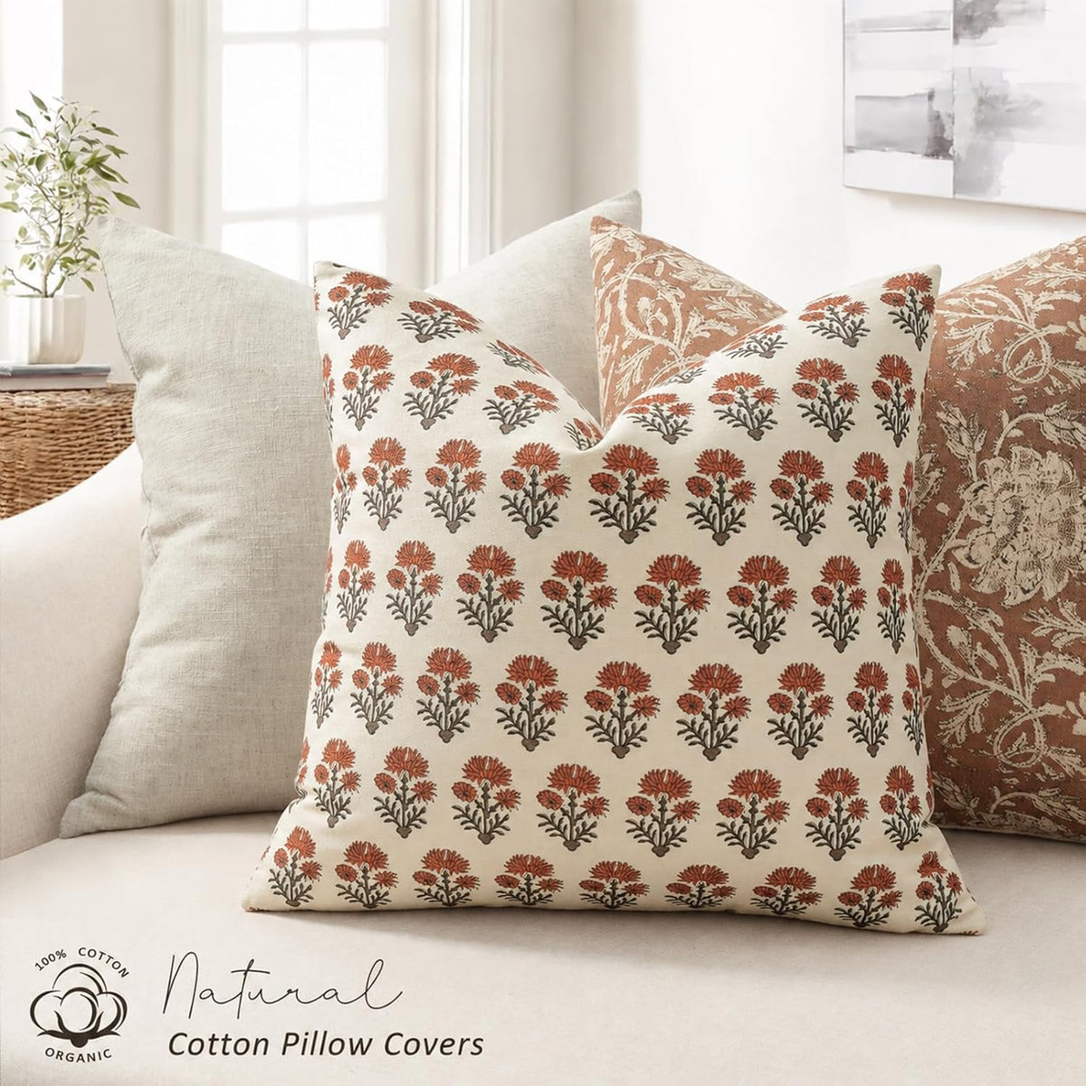 Farmhouse Floral Pillow Covers 18x18 Set of 2, Country Botanical Throw Pillow Cover for Sofa Couch Bed Living Room, Earthic Vintage Flower Cushion Covers Cottage Home Decor,Terracotta